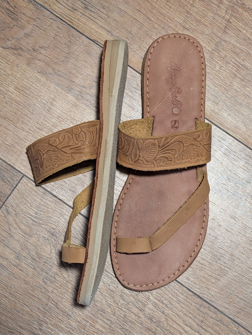 Mustard Tooled Genuine Leather Toe Loop Strap Sandals